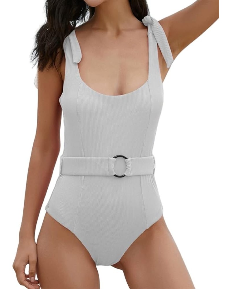 Women's One Piece Swimsuits Belt Tummy Control Bathing Suits Tie Shoulder Swimwear White $18.89 Swimsuits