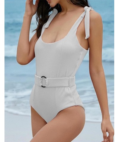 Women's One Piece Swimsuits Belt Tummy Control Bathing Suits Tie Shoulder Swimwear White $18.89 Swimsuits