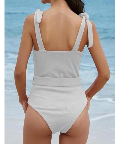 Women's One Piece Swimsuits Belt Tummy Control Bathing Suits Tie Shoulder Swimwear White $18.89 Swimsuits