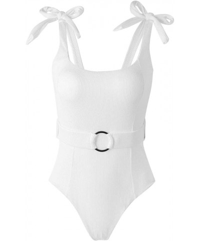 Women's One Piece Swimsuits Belt Tummy Control Bathing Suits Tie Shoulder Swimwear White $18.89 Swimsuits