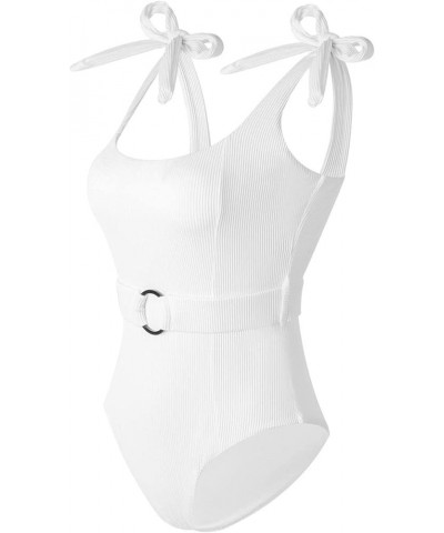 Women's One Piece Swimsuits Belt Tummy Control Bathing Suits Tie Shoulder Swimwear White $18.89 Swimsuits