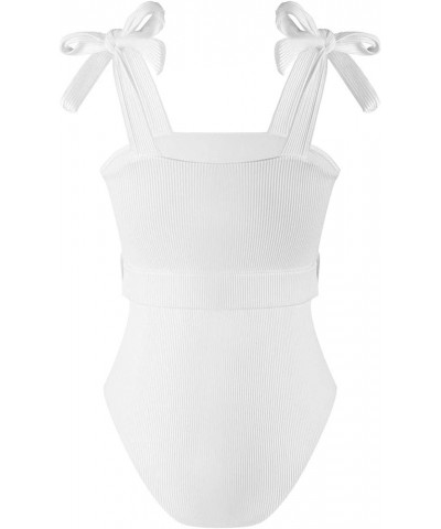 Women's One Piece Swimsuits Belt Tummy Control Bathing Suits Tie Shoulder Swimwear White $18.89 Swimsuits