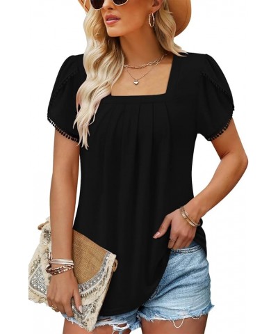 Womens Summer Tops Pleated Short Sleeve Square Neck Tunics Blouses Shirts 1-black $12.25 Tops