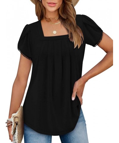 Womens Summer Tops Pleated Short Sleeve Square Neck Tunics Blouses Shirts 1-black $12.25 Tops