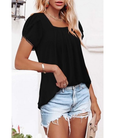 Womens Summer Tops Pleated Short Sleeve Square Neck Tunics Blouses Shirts 1-black $12.25 Tops