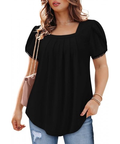 Womens Summer Tops Pleated Short Sleeve Square Neck Tunics Blouses Shirts 1-black $12.25 Tops