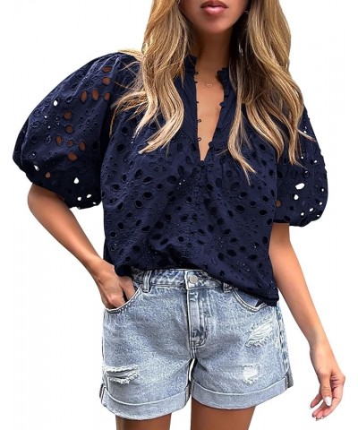 Women's Summer Tops Dressy Casual Short Lantern Sleeve V Neck Buttons Hollow Out Lace Embroidered Blouses Shirts Navy $20.50 ...