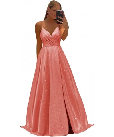 Women's Spaghetti Straps Prom Dresses Long V-Neck Sparkling Bridesmaid Dresses Formal Evening Gowns with High Slit Peach $38....