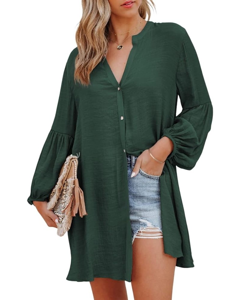 Womens Sexy V Neck Cover Up Long Sleeve Button Down Shirts Dresses X Blackish Green $17.67 Swimsuits