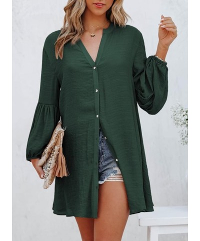 Womens Sexy V Neck Cover Up Long Sleeve Button Down Shirts Dresses X Blackish Green $17.67 Swimsuits