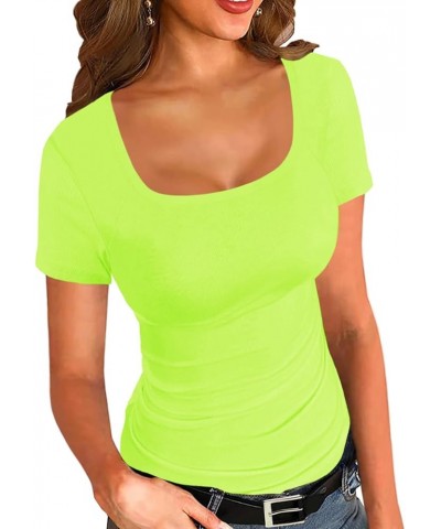 Women Ribbed Short Sleeve Square Neck Slim Fit Summer Basic T Shirts Tops Neon Green $13.91 T-Shirts