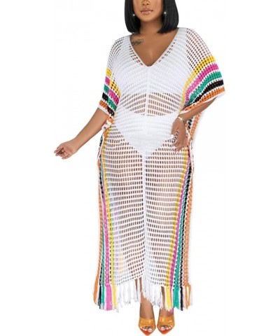 Womens V Neck Hollow Out Color Block Tassel Crochet Side Split Long Dress Swimsuit Cover Ups White $21.09 Swimsuits