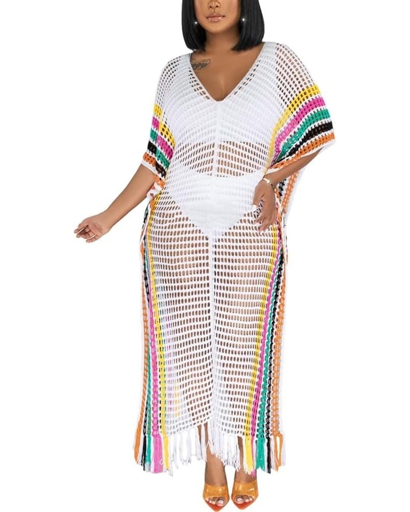 Womens V Neck Hollow Out Color Block Tassel Crochet Side Split Long Dress Swimsuit Cover Ups White $21.09 Swimsuits