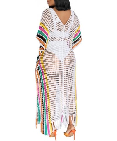 Womens V Neck Hollow Out Color Block Tassel Crochet Side Split Long Dress Swimsuit Cover Ups White $21.09 Swimsuits