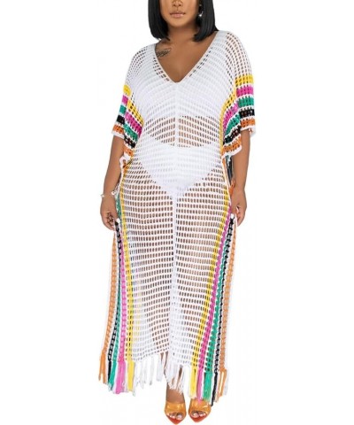 Womens V Neck Hollow Out Color Block Tassel Crochet Side Split Long Dress Swimsuit Cover Ups White $21.09 Swimsuits