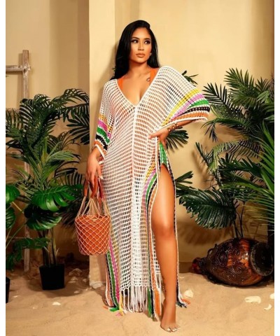 Womens V Neck Hollow Out Color Block Tassel Crochet Side Split Long Dress Swimsuit Cover Ups White $21.09 Swimsuits