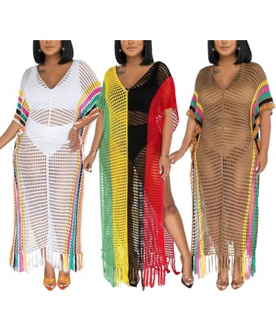 Womens V Neck Hollow Out Color Block Tassel Crochet Side Split Long Dress Swimsuit Cover Ups White $21.09 Swimsuits