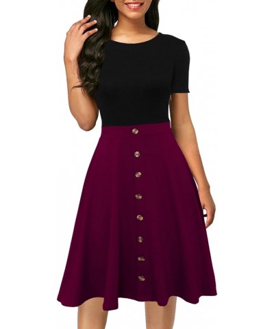 Women's Short Sleeve Colorblock Button Down Sundress Knee-Length Flared A-Line Casual Party Swing Dress Black Purple $16.24 D...