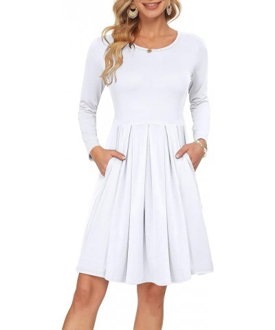 Women's Long Sleeve Pleated Loose Swing Casual Dress with Pockets Knee Length 01-white $18.89 Dresses