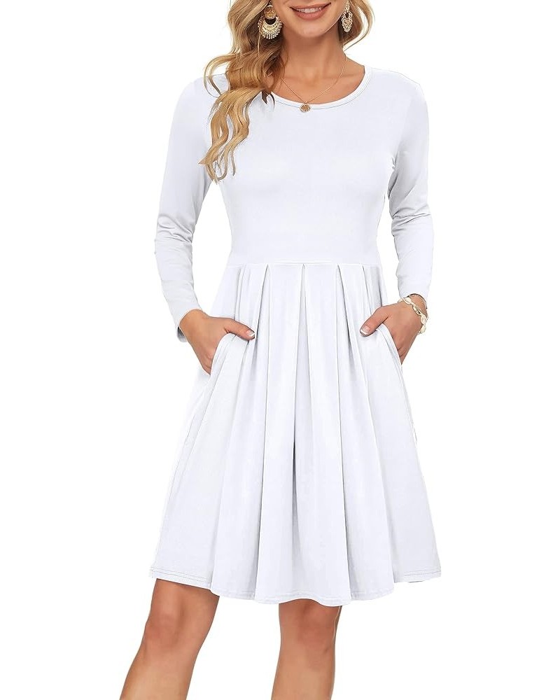 Women's Long Sleeve Pleated Loose Swing Casual Dress with Pockets Knee Length 01-white $18.89 Dresses