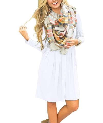 Women's Long Sleeve Pleated Loose Swing Casual Dress with Pockets Knee Length 01-white $18.89 Dresses