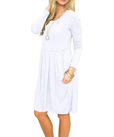 Women's Long Sleeve Pleated Loose Swing Casual Dress with Pockets Knee Length 01-white $18.89 Dresses