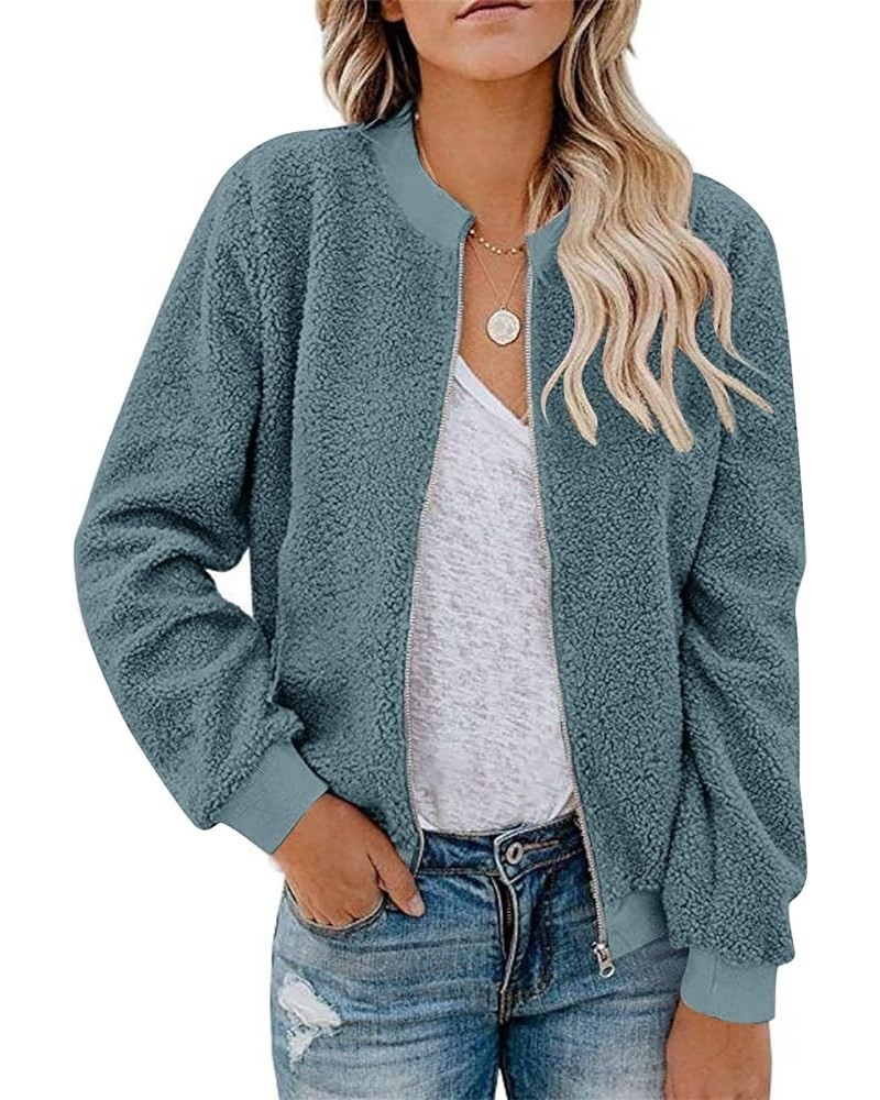 Women's Sherpa Fleece Jacket Faux Fuzzy Long Sleeve Casual Zip Up Bomber Coat Lightblue $24.01 Jackets