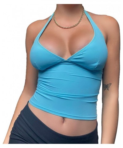 Women's Tie Back Halter Crop Top Sexy Deep V Neck Sleeveless Tie Back Camisole Casual Workout Tank Tops Blue $9.33 Tanks