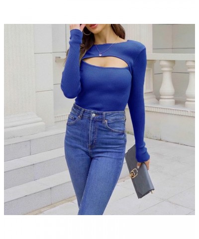 Women's Cutout Long Sleeve Ribbed Strech Pullover Sweater Sexy Slim Fit Knitted Shirt Jumper Tops Royal Blue $9.43 Sweaters