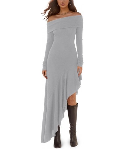 Women's Off The Shoulder Long Sleeve Maxi Dress Fall Casual Ruffle Irregular Hem Wedding Guest Dresses Grey $32.47 Dresses