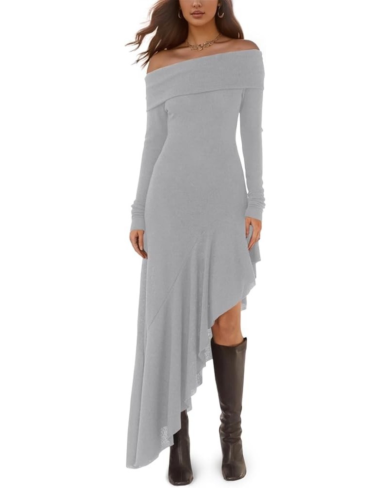 Women's Off The Shoulder Long Sleeve Maxi Dress Fall Casual Ruffle Irregular Hem Wedding Guest Dresses Grey $32.47 Dresses