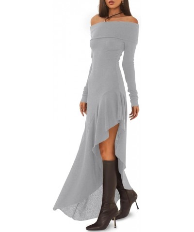 Women's Off The Shoulder Long Sleeve Maxi Dress Fall Casual Ruffle Irregular Hem Wedding Guest Dresses Grey $32.47 Dresses