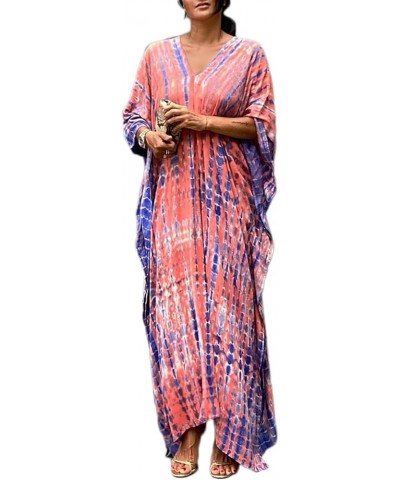 Women Print Beach Kaftan Dress Short Sleeve Plus Size Bathing Suit Cover Ups C- Pink&purple $18.19 Swimsuits