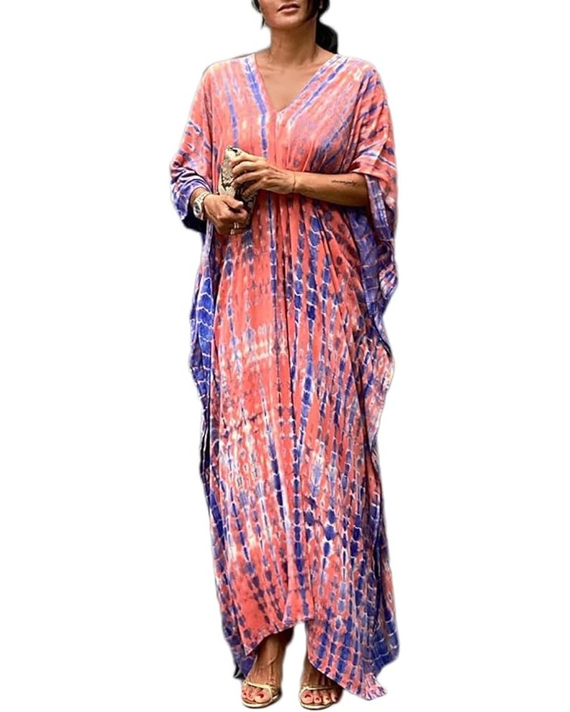 Women Print Beach Kaftan Dress Short Sleeve Plus Size Bathing Suit Cover Ups C- Pink&purple $18.19 Swimsuits