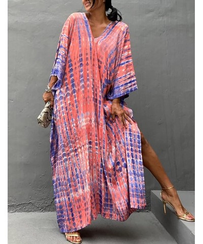 Women Print Beach Kaftan Dress Short Sleeve Plus Size Bathing Suit Cover Ups C- Pink&purple $18.19 Swimsuits