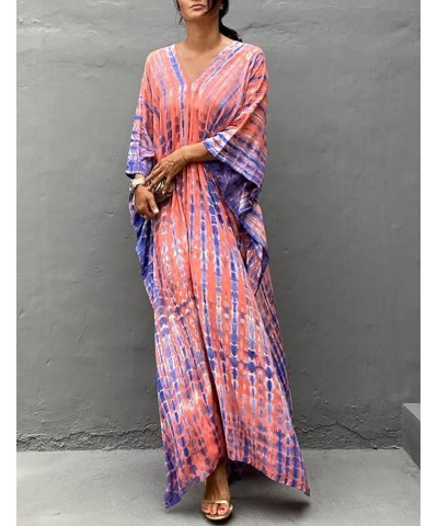 Women Print Beach Kaftan Dress Short Sleeve Plus Size Bathing Suit Cover Ups C- Pink&purple $18.19 Swimsuits