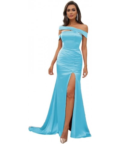 Bridesmaid Dresses with Slit Long Prom Dress Satin Formal Dresses for Women Evening Party Off Shoulder Prom Dresses Pool $38....