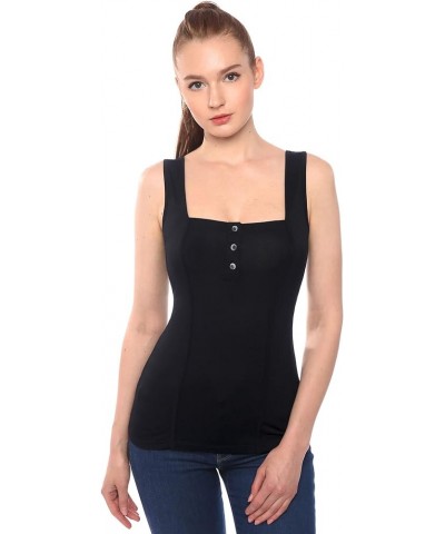 Women Henley Square Neck Sleeveless Tank Top Black $13.05 Tanks