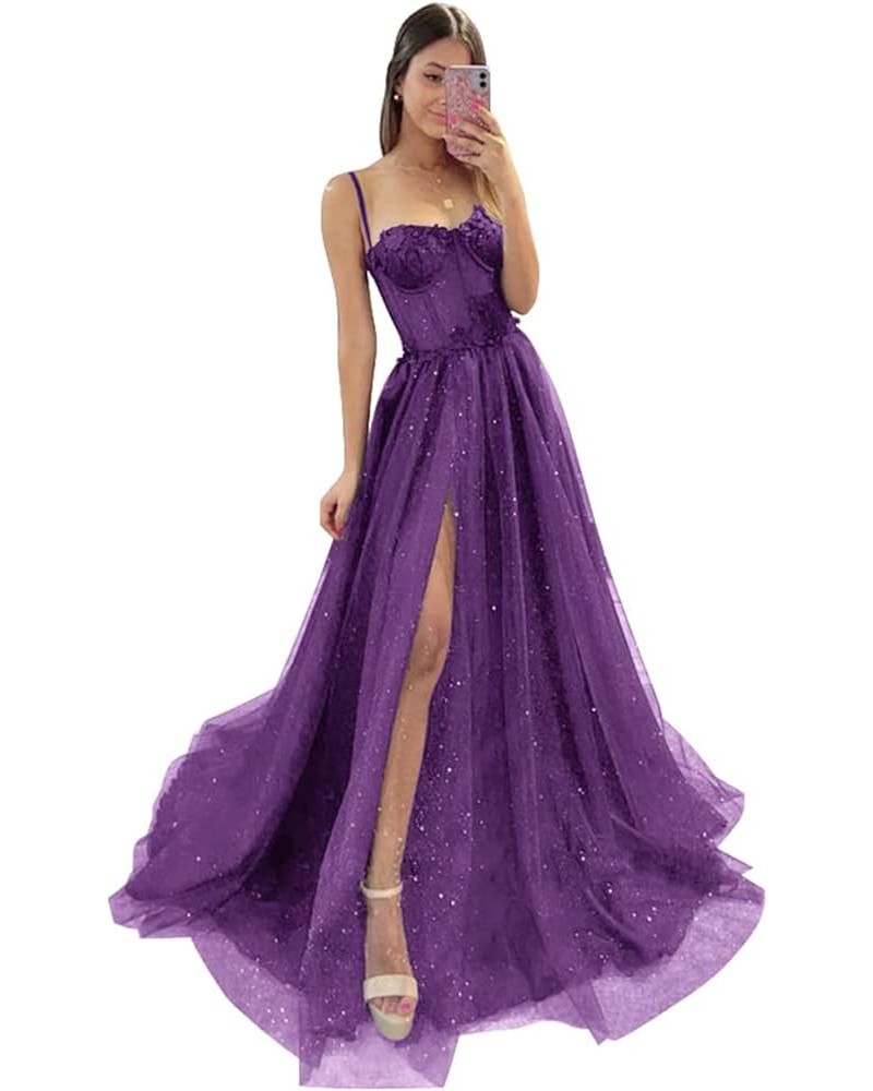 Women's Sweetheart Lace Prom Dresses Long Ball Gown A-Line Tulle 3D Flowers Formal Evening Gowns Purple $45.89 Dresses