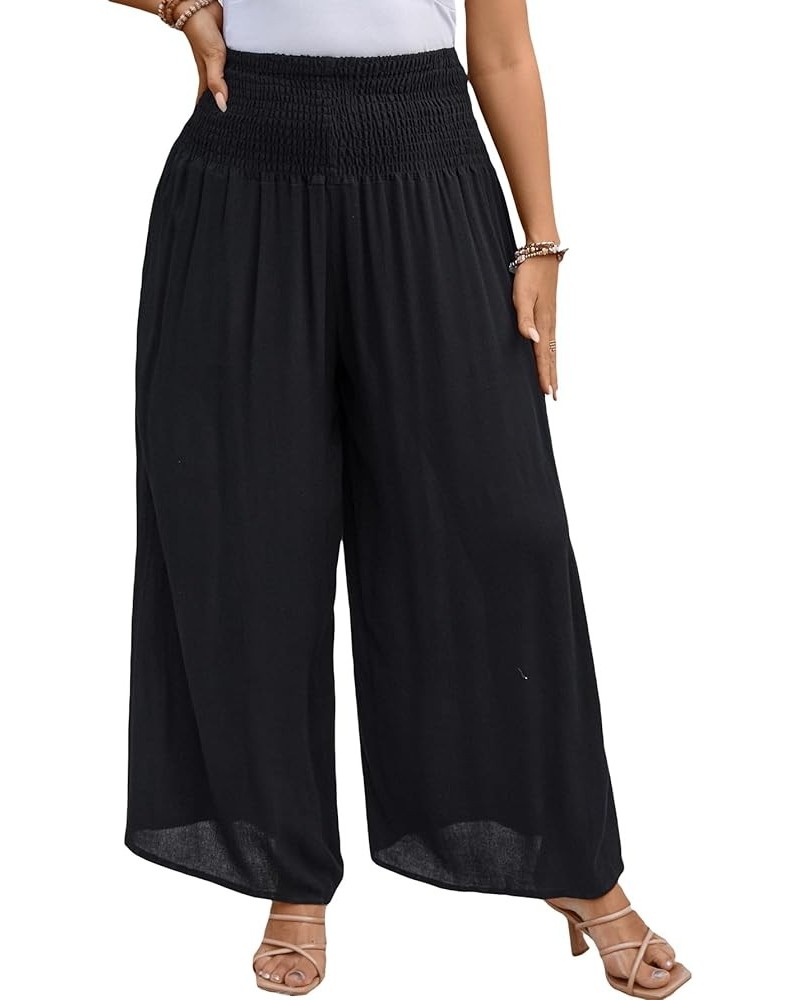 Women's Plus Size Casual Shirred High Waist Wide Leg Pants Loose Palazzo Pants Black $11.95 Pants