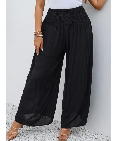 Women's Plus Size Casual Shirred High Waist Wide Leg Pants Loose Palazzo Pants Black $11.95 Pants