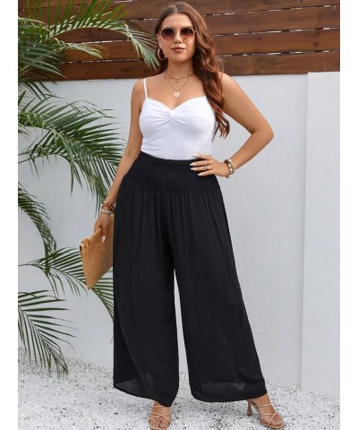 Women's Plus Size Casual Shirred High Waist Wide Leg Pants Loose Palazzo Pants Black $11.95 Pants