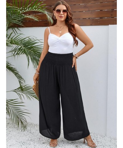 Women's Plus Size Casual Shirred High Waist Wide Leg Pants Loose Palazzo Pants Black $11.95 Pants