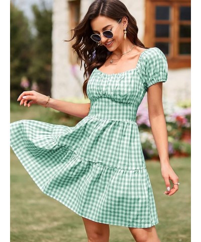 Women's Casual Plaid Mini Dress Scoop Neck Short Puff Sleeve Sundress A-Line Flowy Summer Dresses A-light Green $13.99 Dresses