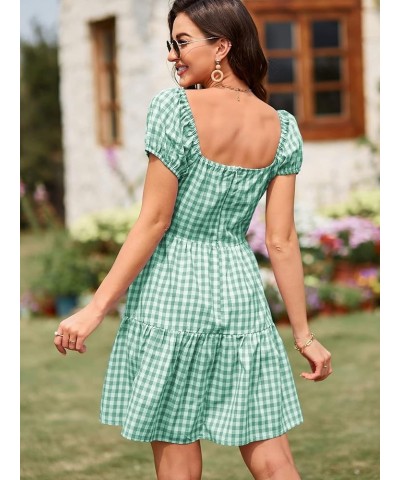 Women's Casual Plaid Mini Dress Scoop Neck Short Puff Sleeve Sundress A-Line Flowy Summer Dresses A-light Green $13.99 Dresses