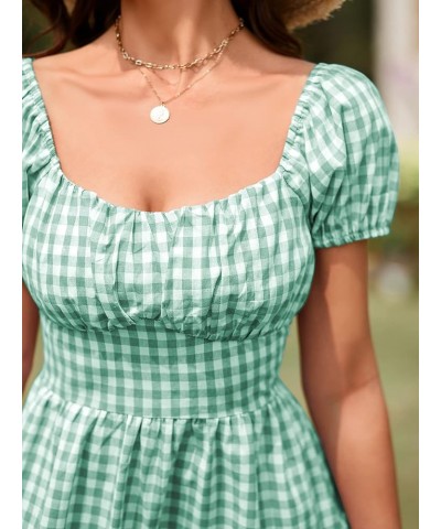 Women's Casual Plaid Mini Dress Scoop Neck Short Puff Sleeve Sundress A-Line Flowy Summer Dresses A-light Green $13.99 Dresses