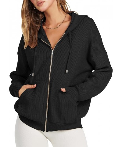 Women's Zip Up Sweater Hoodies 2024 Oversized Casual hooded Jacket Long Sleeve Ribbed Knit Sweatshirts Black $22.05 Sweaters