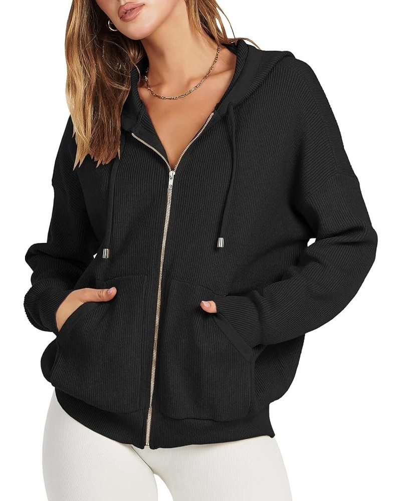 Women's Zip Up Sweater Hoodies 2024 Oversized Casual hooded Jacket Long Sleeve Ribbed Knit Sweatshirts Black $22.05 Sweaters