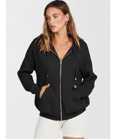 Women's Zip Up Sweater Hoodies 2024 Oversized Casual hooded Jacket Long Sleeve Ribbed Knit Sweatshirts Black $22.05 Sweaters