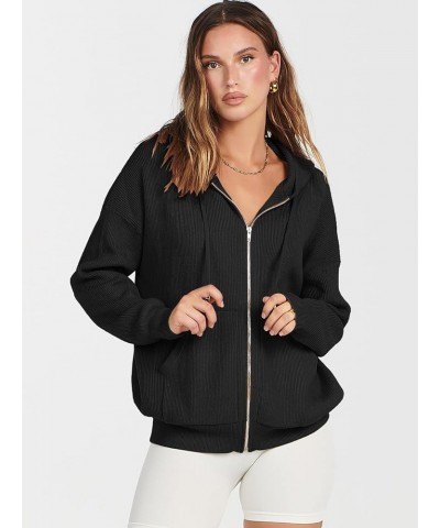 Women's Zip Up Sweater Hoodies 2024 Oversized Casual hooded Jacket Long Sleeve Ribbed Knit Sweatshirts Black $22.05 Sweaters